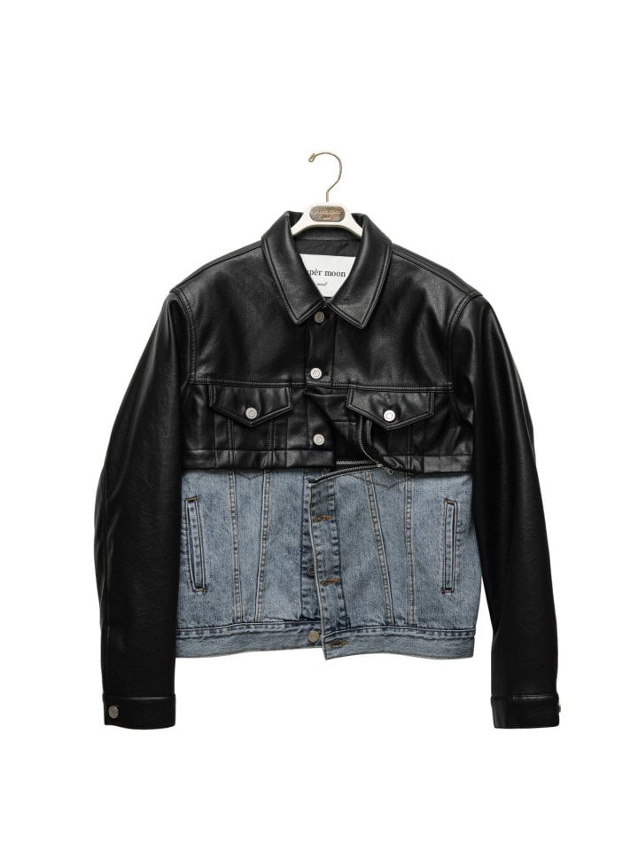 Paper Moon - Korean Women Fashion - #restrostyle - Vegan Leather Mix Trucker Jacket - 5