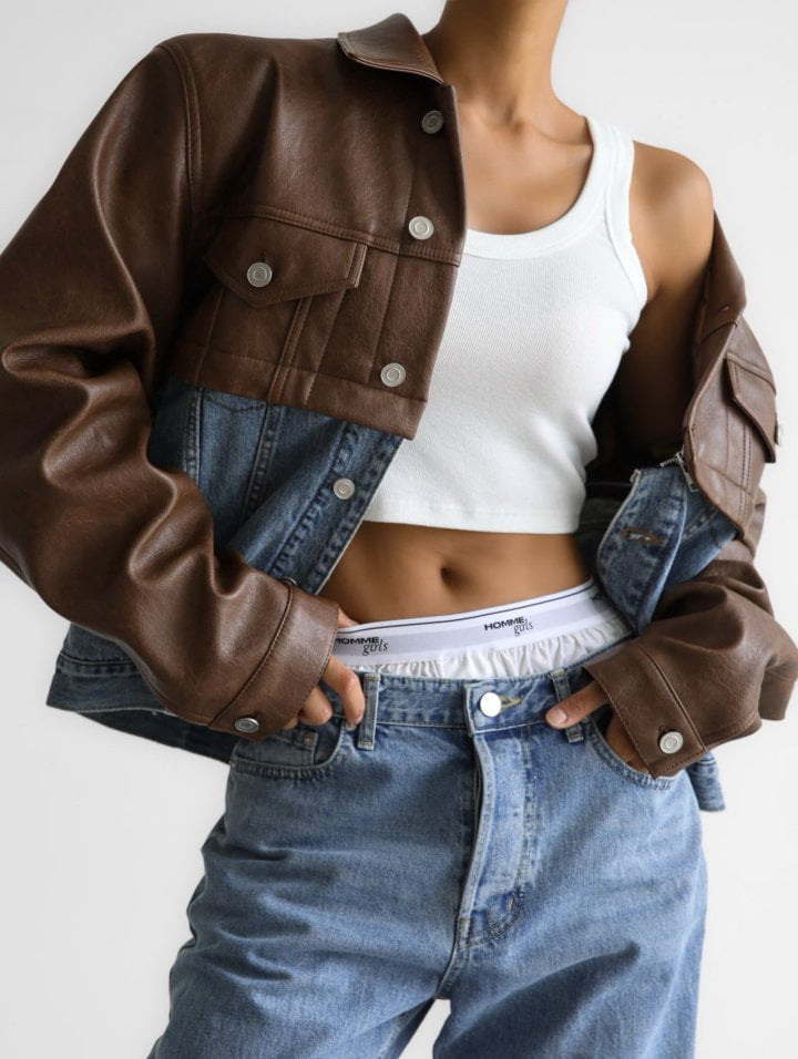 Paper Moon - Korean Women Fashion - #vintageinspired - Vegan Leather Mix Trucker Jacket - 5