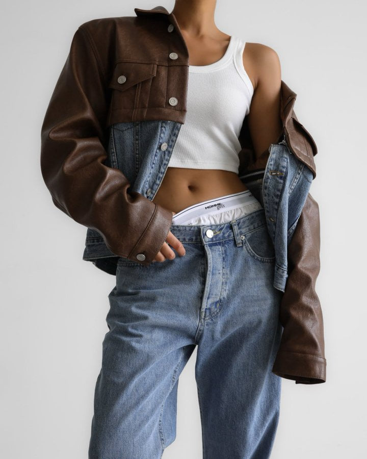 Paper Moon - Korean Women Fashion - #vintagekidsstyle - Vegan Leather Mix Trucker Jacket - 6