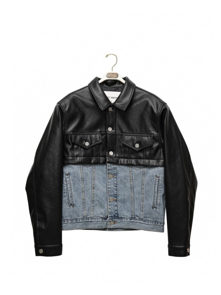 Paper Moon - Korean Women Fashion - #vintagekidsstyle - Vegan Leather Mix Trucker Jacket - 3