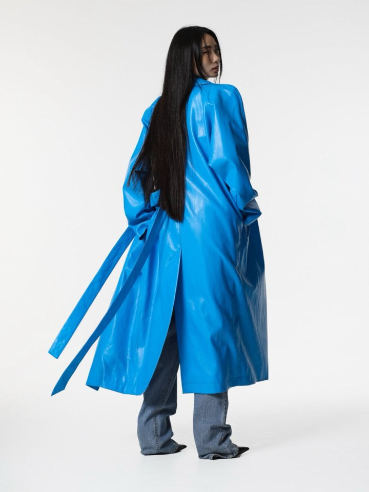 Paper Moon - Korean Women Fashion - #womensfashion - Padded Shoulder Leather Maxi Trench Coat