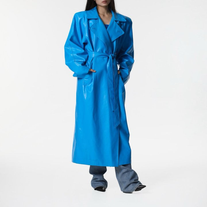 Paper Moon - Korean Women Fashion - #womensfashion - Padded Shoulder Leather Maxi Trench Coat - 3