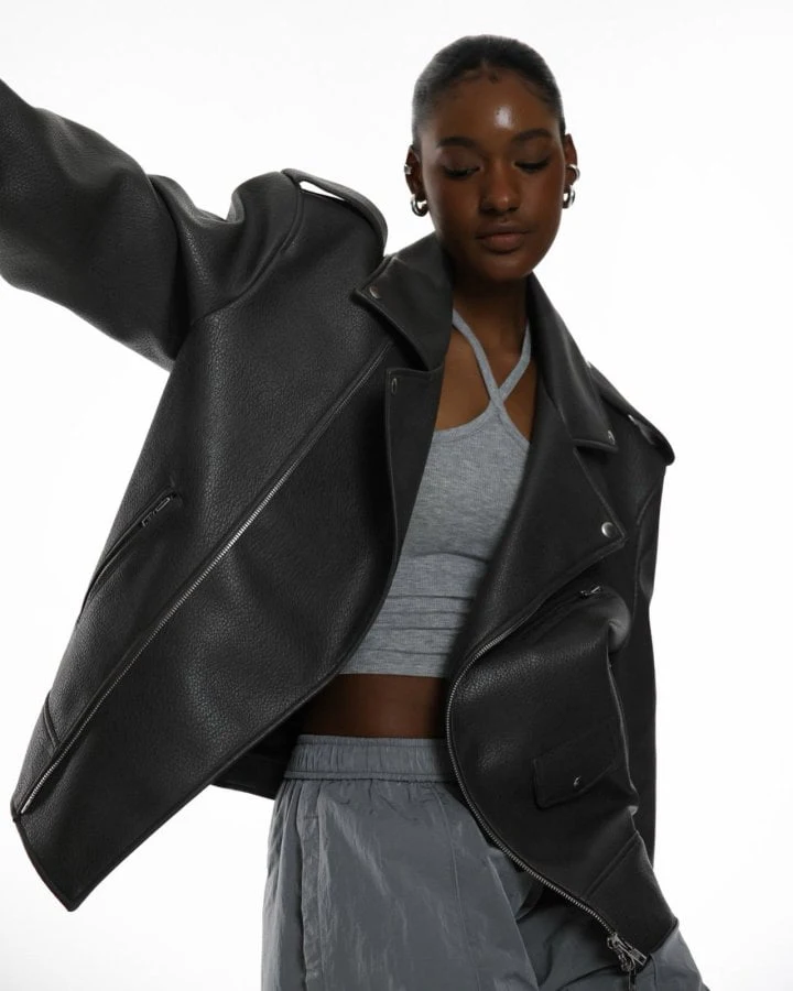 Paper Moon - Korean Women Fashion - #womensfashion - Oversized Chunky Zipped Leather Biker Jacket - 2