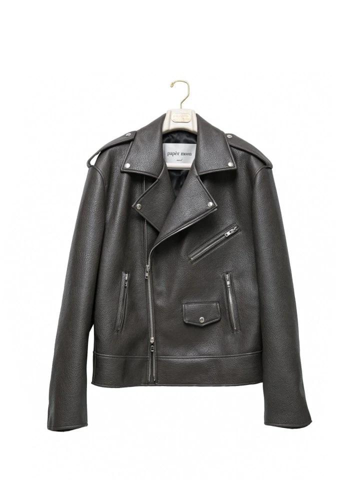 Paper Moon - Korean Women Fashion - #momslook - Oversized Chunky Zipped Leather Biker Jacket - 4