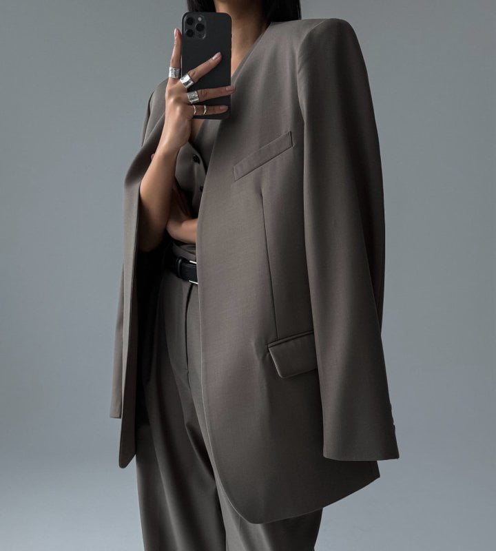 Paper Moon - Korean Women Fashion - #womensfashion - Sharkskin Collarless Oversized Jacket