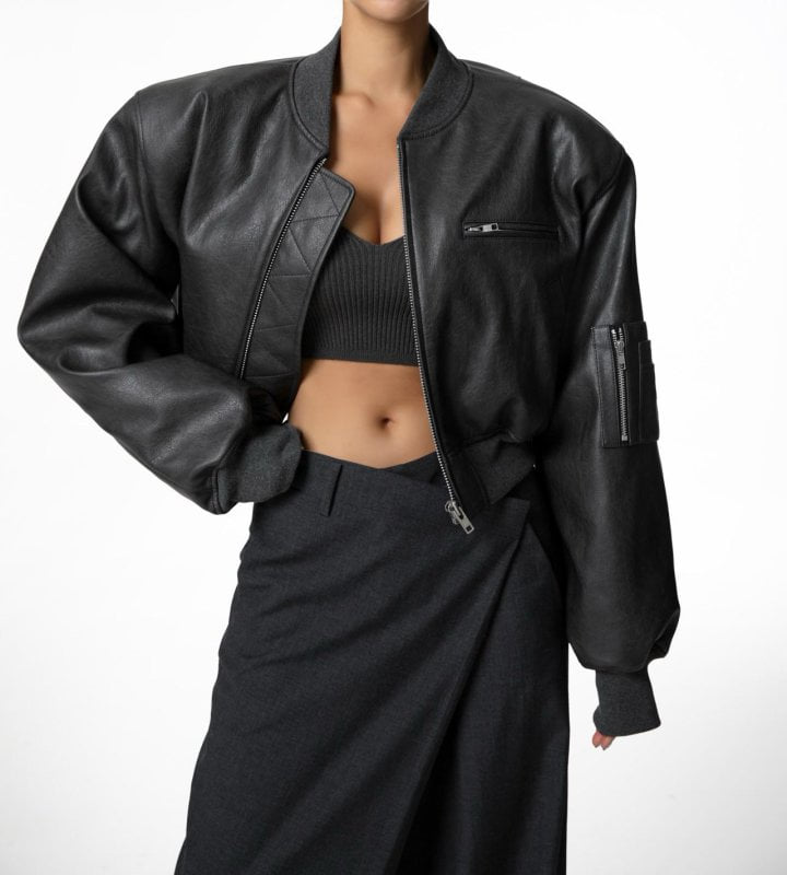 Paper Moon - Korean Women Fashion - #womensfashion - Vegan Leather Crop Full Up Bomber Jacket - 2