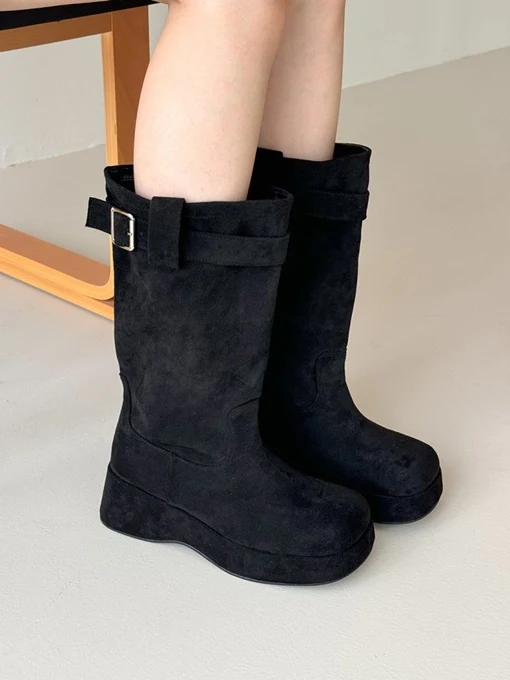 Belt Shirring Suede Middle Boots