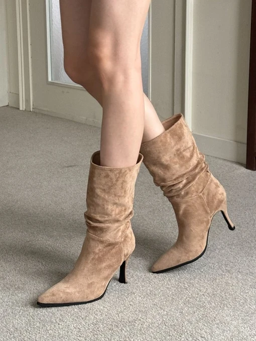 Shirring Suede Stiletto Middle Boots