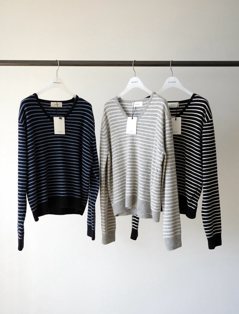 Amygrace - Korean Women Fashion - #womensfashion - Marco Stripe V Knit Pullover - 7