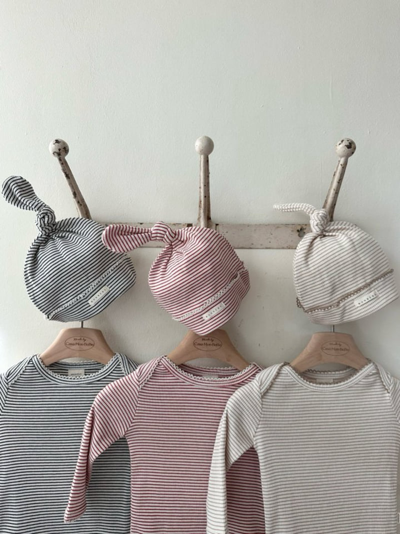 Monbebe - Korean Baby Fashion - #babyoutfit - Mono Stripe Bodysuit with Bonnet