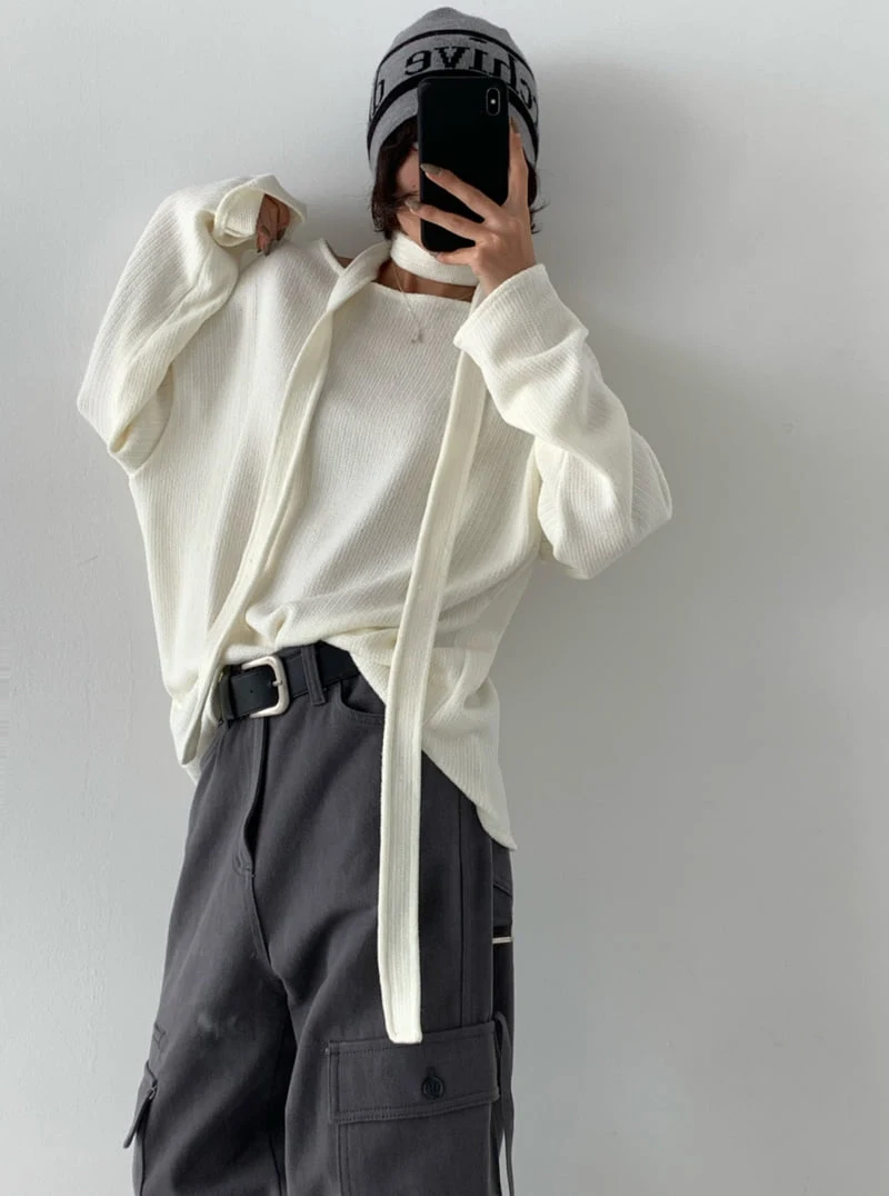 One the woman - Korean Women Fashion - #momslook - Over Tie Knit Pullover