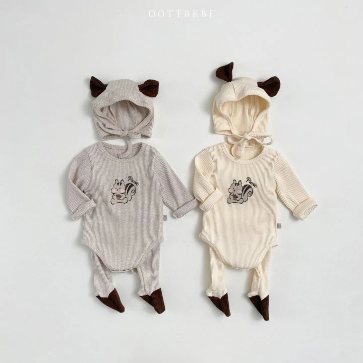 Oott Bebe - Korean Baby Fashion - #babyclothing - Chipmunk Rib Romper with Bonnet Leggings