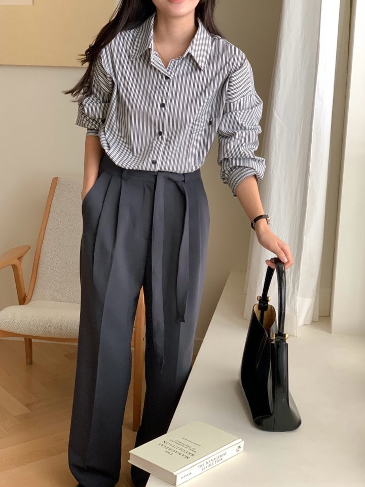 Osense - Korean Women Fashion - #momslook - Muse Button Stripe Shirt - 8