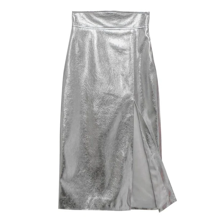 Paper Moon - Korean Women Fashion - #momslook - Metallic Leather Slit Pencile Skirt - 2