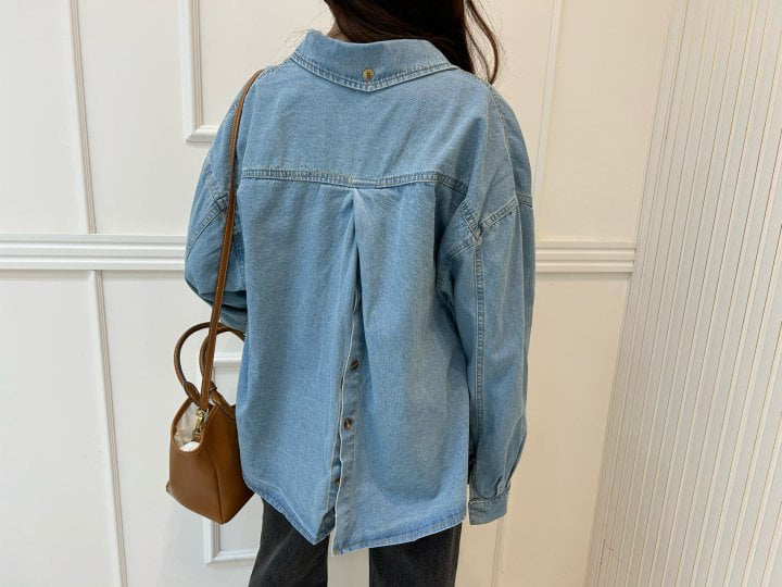 Pearls room - Korean Women Fashion - #momslook - Slit Denim Shirt - 4