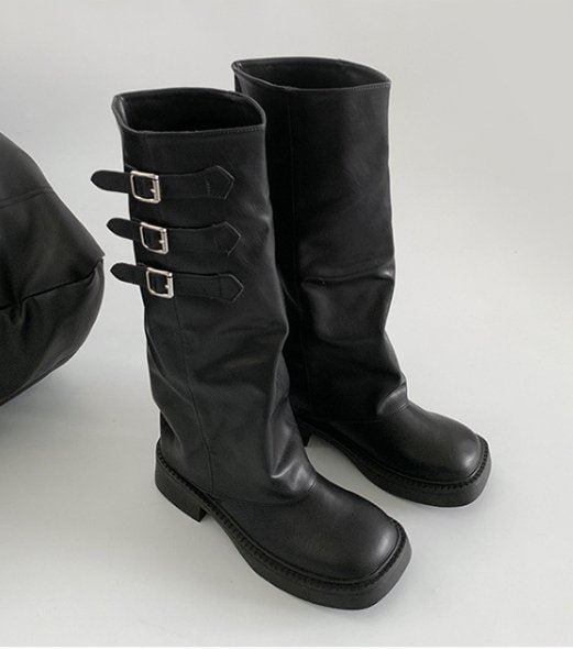 Vade - Korean Women Fashion - #momslook - Basic Buckle Vecro Strap Boots