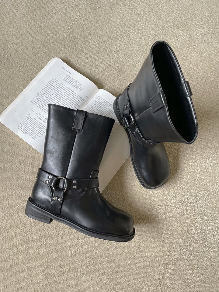 Vade - Korean Women Fashion - #momslook - Buckle Strap Square Biker Boots - 10