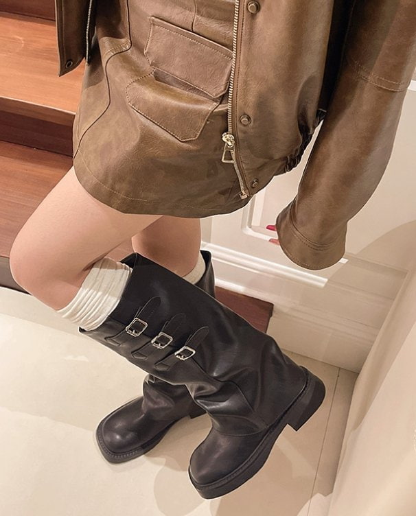 Vade - Korean Women Fashion - #pursuepretty - Basic Buckle Vecro Strap Boots - 7