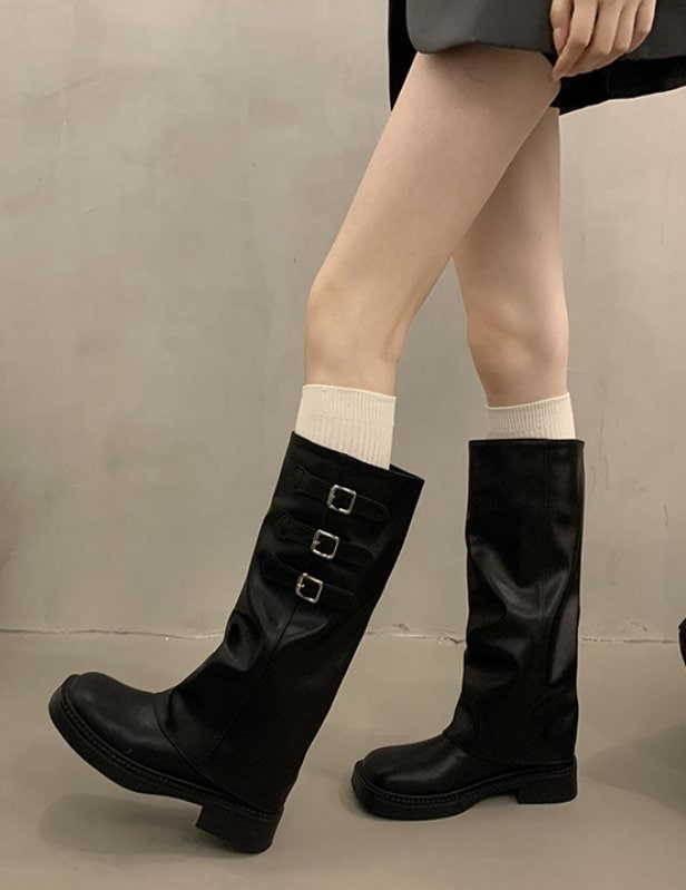 Vade - Korean Women Fashion - #romanticstyle - Basic Buckle Vecro Strap Boots - 9