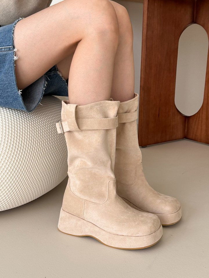 Vade - Korean Women Fashion - #womensfashion - Belt Shirring Suede Middle Boots - 5