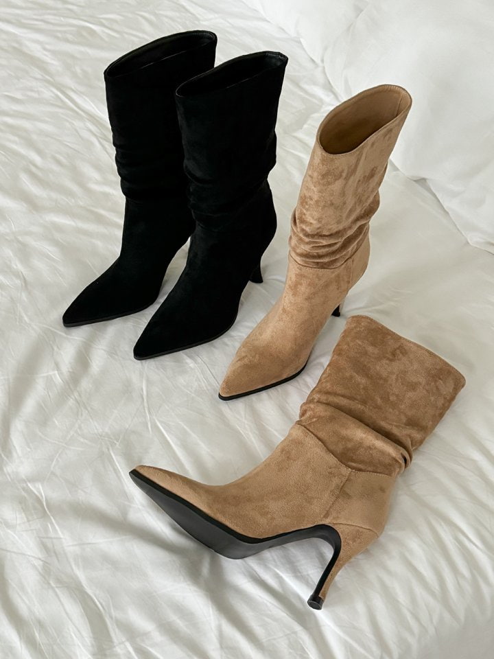 Vade - Korean Women Fashion - #womensfashion - Shirring Suede Stiletto Middle Boots - 8