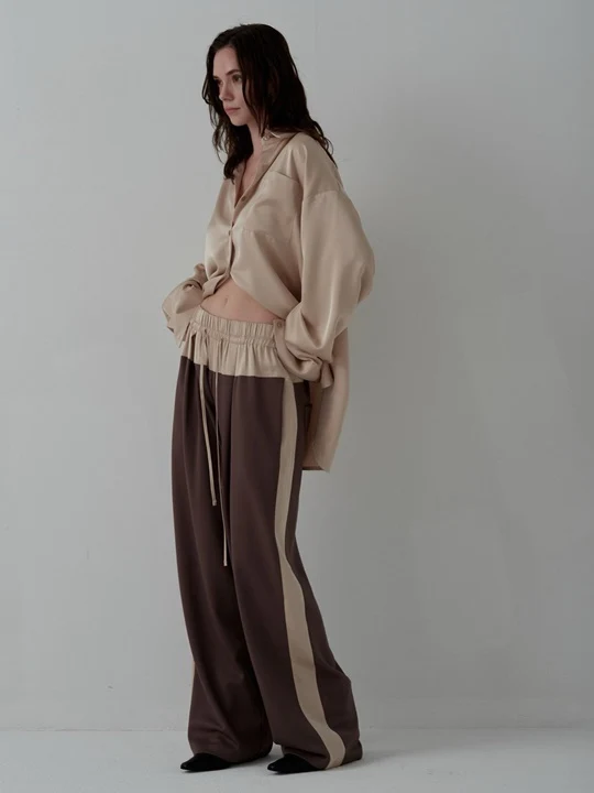 Silky Panel Drawstring Wide Track Pants