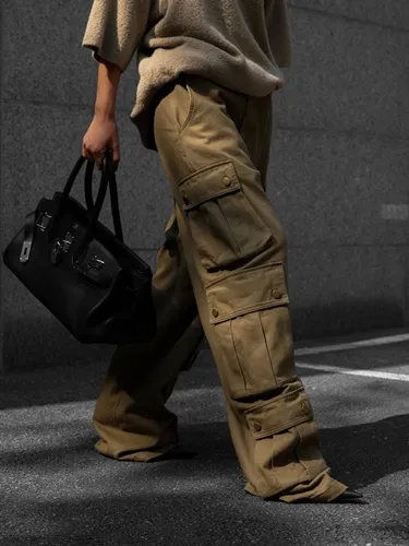 Three Pocket Snap Button Detail Cargo Wide Trousers