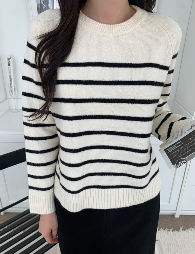 Allu - Korean Women Fashion - #womensfashion - Stripe Round Knit Sweater