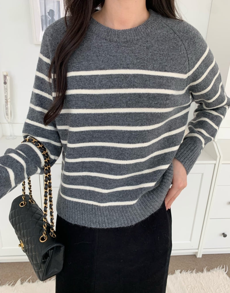 Allu - Korean Women Fashion - #womensfashion - Stripe Round Knit Sweater - 5