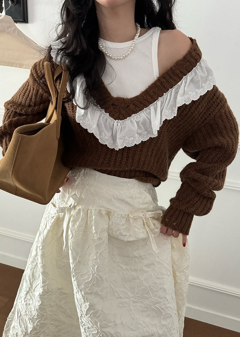 Auver_Fit - Korean Women Fashion - #womensfashion - Alphaca Frill V Knit Sweater