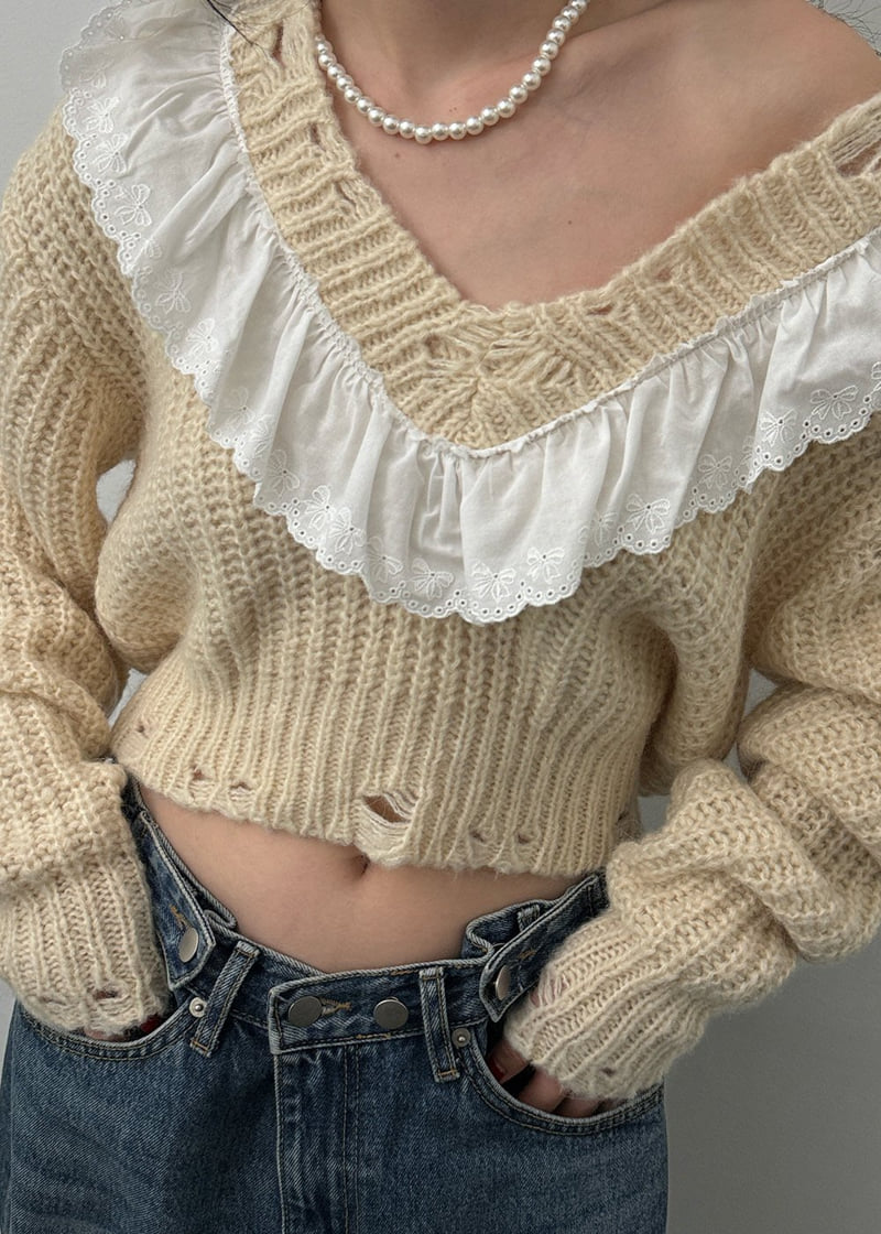 Auver_Fit - Korean Women Fashion - #womensfashion - Alphaca Frill V Knit Sweater - 11