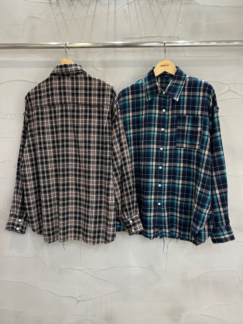 Inssense - Korean Women Fashion - #momslook - Oversized Vintage Stitch Detail Check Shirt - 7