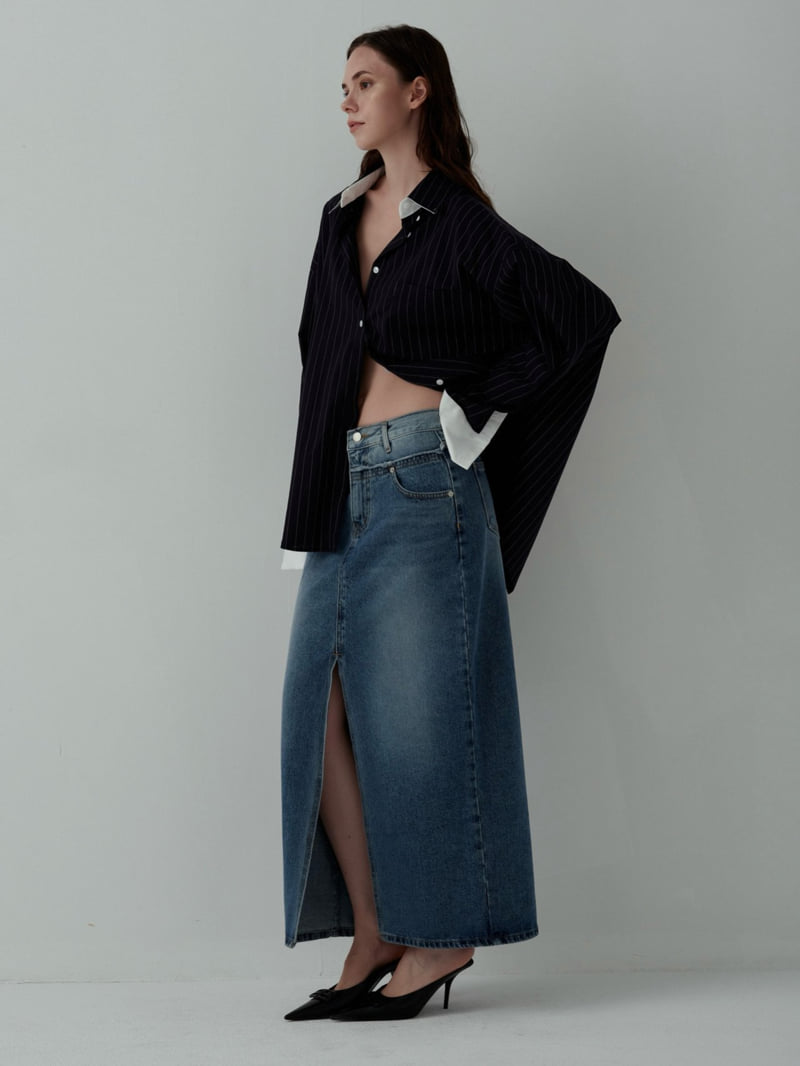 Inssense - Korean Women Fashion - #pursuepretty - Two Tone Front Slit Maxi Denim Skirt - 7