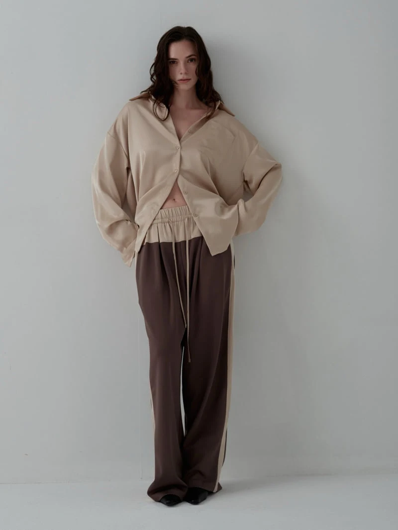 Inssense - Korean Women Fashion - #restrostyle - Silky Panel Drawstring Wide Track Pants - 5