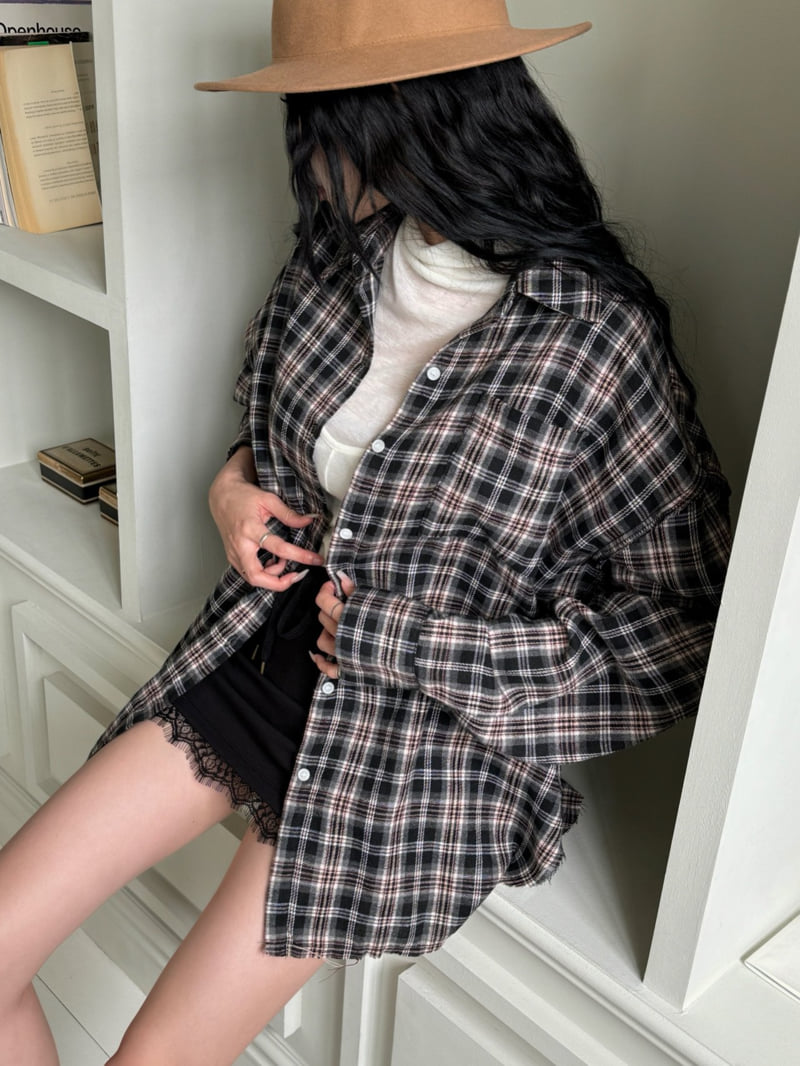 Inssense - Korean Women Fashion - #womensfashion - Oversized Vintage Stitch Detail Check Shirt