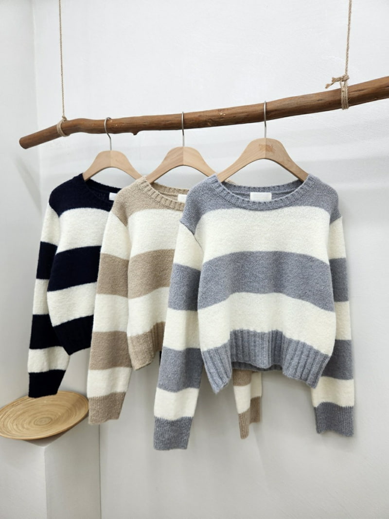 Most - Korean Women Fashion - #momslook - Stripe Rount Knit Top