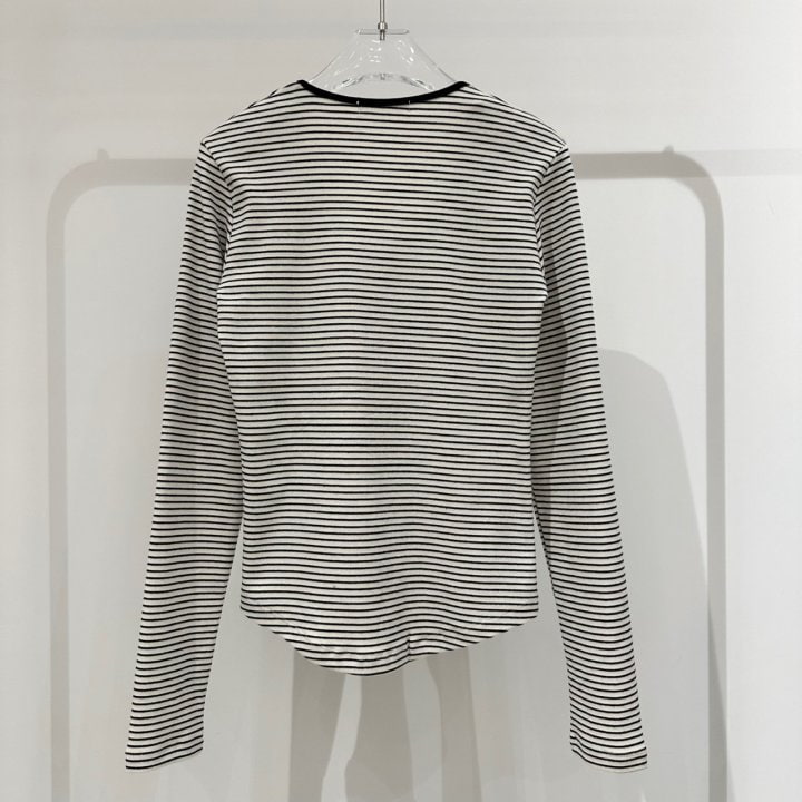 Neroli36 - Korean Women Fashion - #momslook - Stripe U Neck Tee - 3