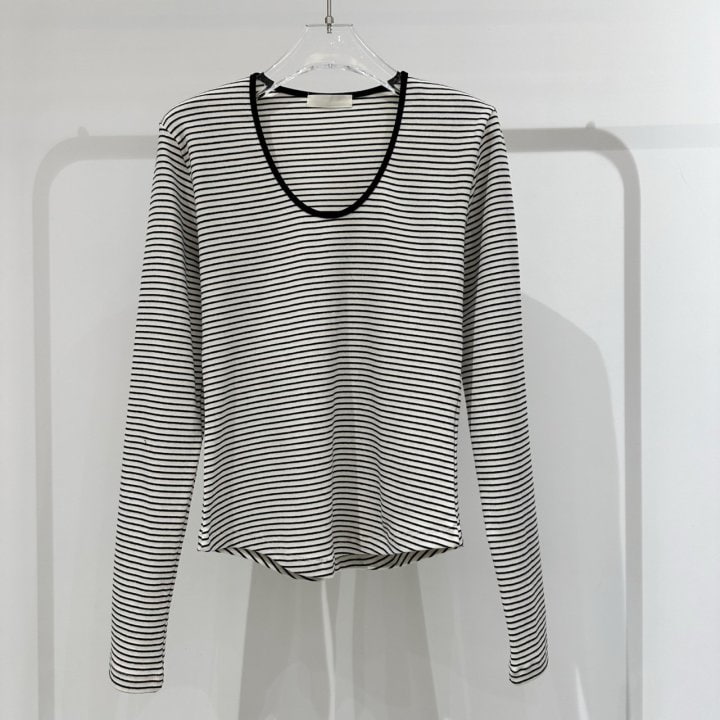 Neroli36 - Korean Women Fashion - #womensfashion - Stripe U Neck Tee - 2