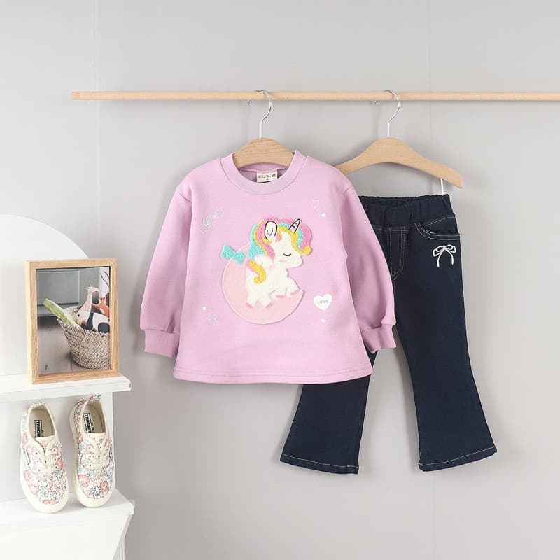 Olive denim - Korean Children Fashion - #magicofchildhood - Boucle Unicorn Tee - 12