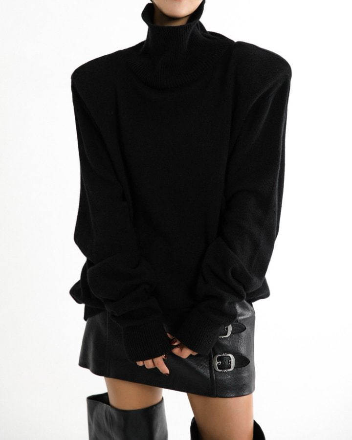 Paper Moon - Korean Women Fashion - #momslook - Cashmere Padded Shoulder Turtleneck Mini Dress - 4