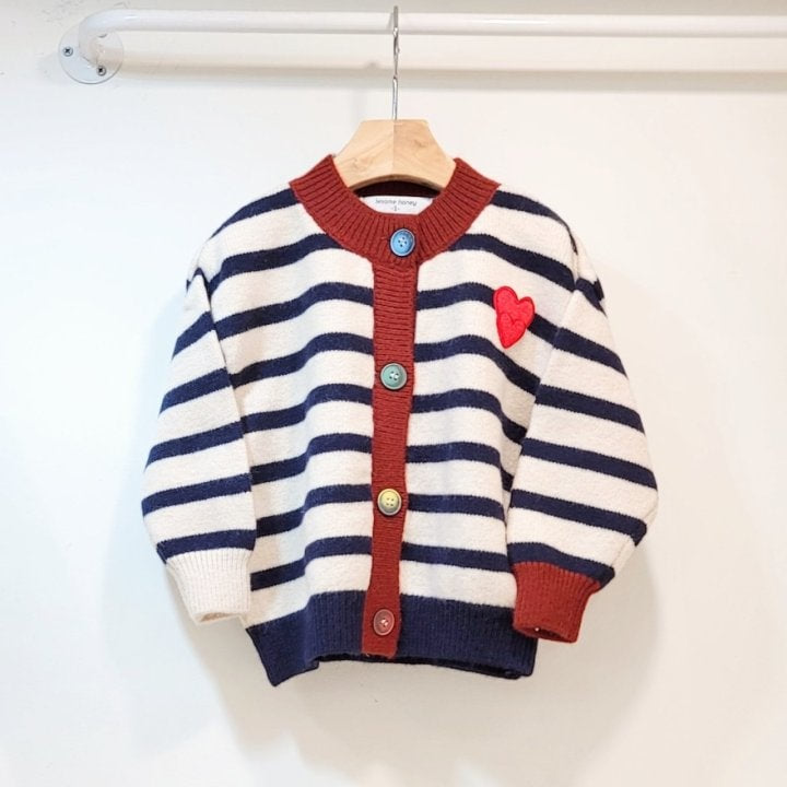 T.j - Korean Children Fashion - #kidsstore - Heart Patch Stripe Cardigan - 3