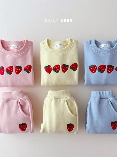 Strawberry Embroidery Top Bottom Set