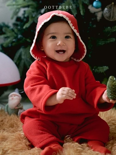 X-mas Fleece Body Suit Bonnet Set