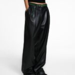 Leather Low Waisted Double Pleats Wide Trousers