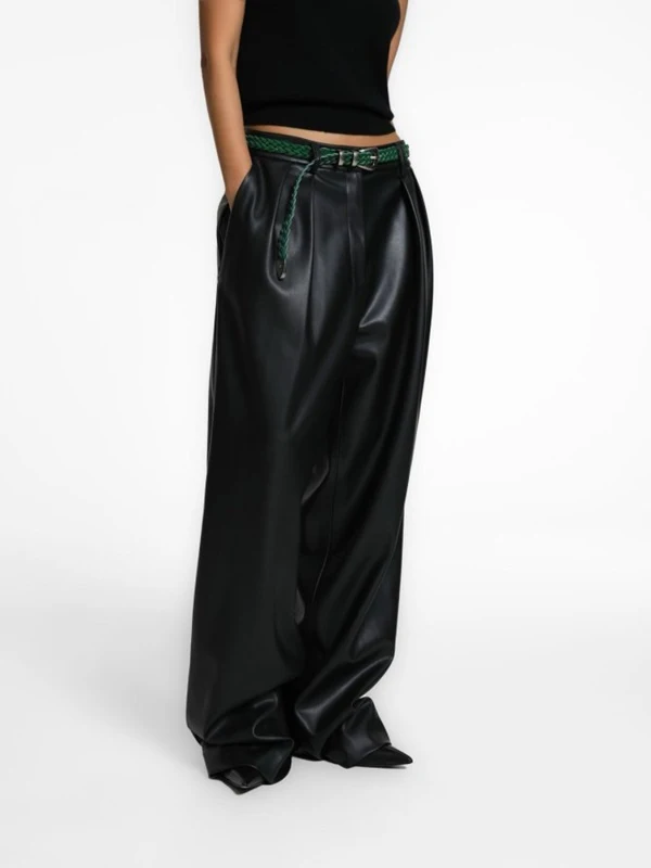 Leather Low Waisted Double Pleats Wide Trousers