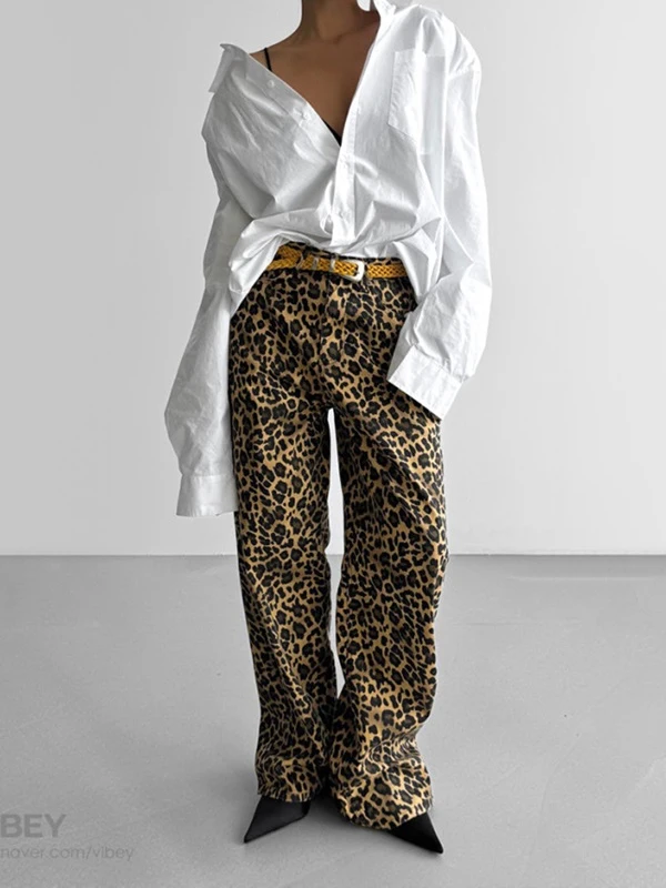 Leopard Print Wide Cotton Twill Trousers