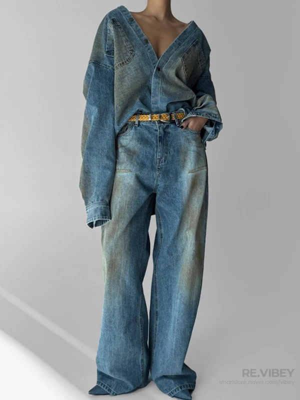 Dusty Mud Washing Wide Denim Trousers