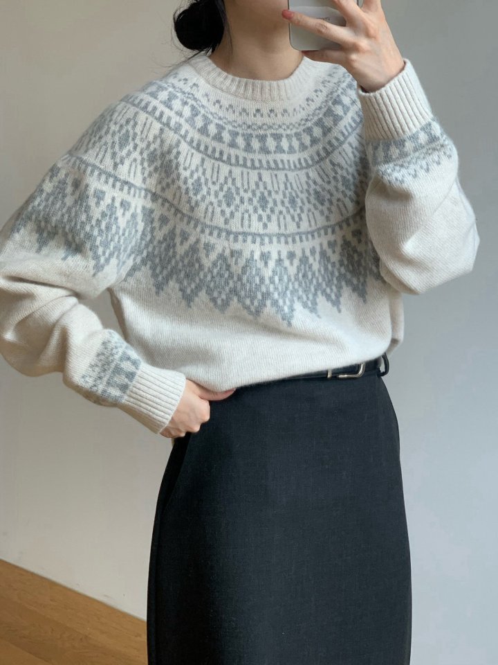 Amygrace - Korean Women Fashion - #momslook - Nordic Round Knit Sweater - 7