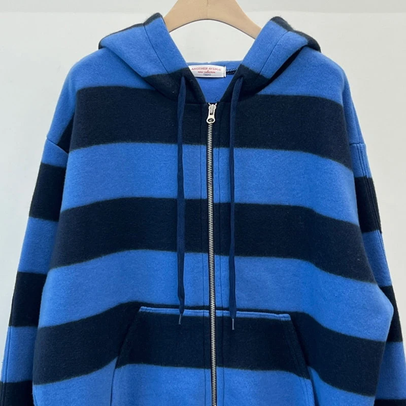 Another Avenue - Korean Women Fashion - #momslook - Fleece Stripe Hood Zip-up Jacket - 2