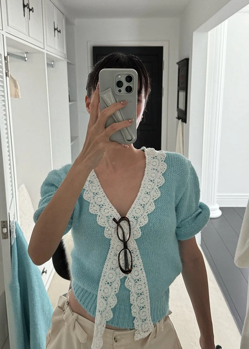 Auver_Fit - Korean Women Fashion - #momslook - Crochet Top Cardigan Set - 3